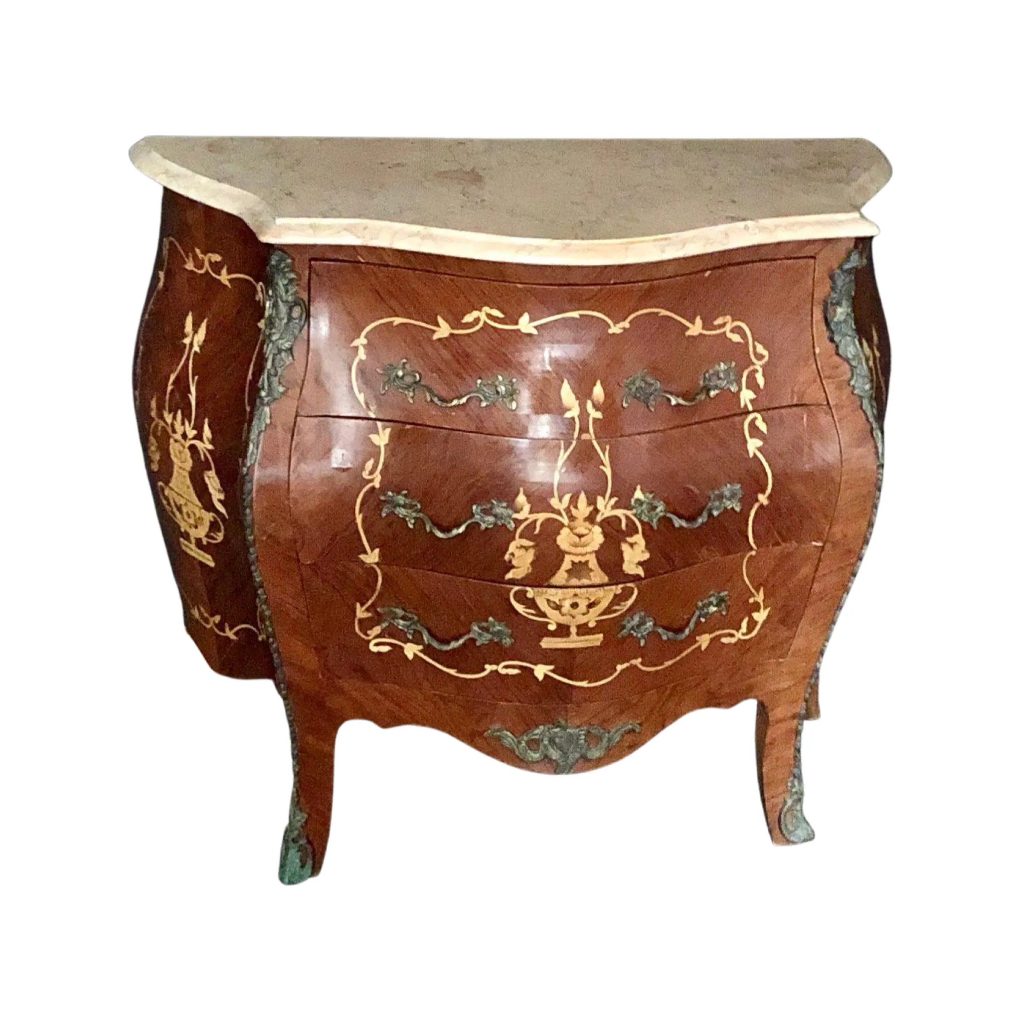 French Louis XV Style Side Table or Nightstand with Detailed Inlay and Cream Marble Top