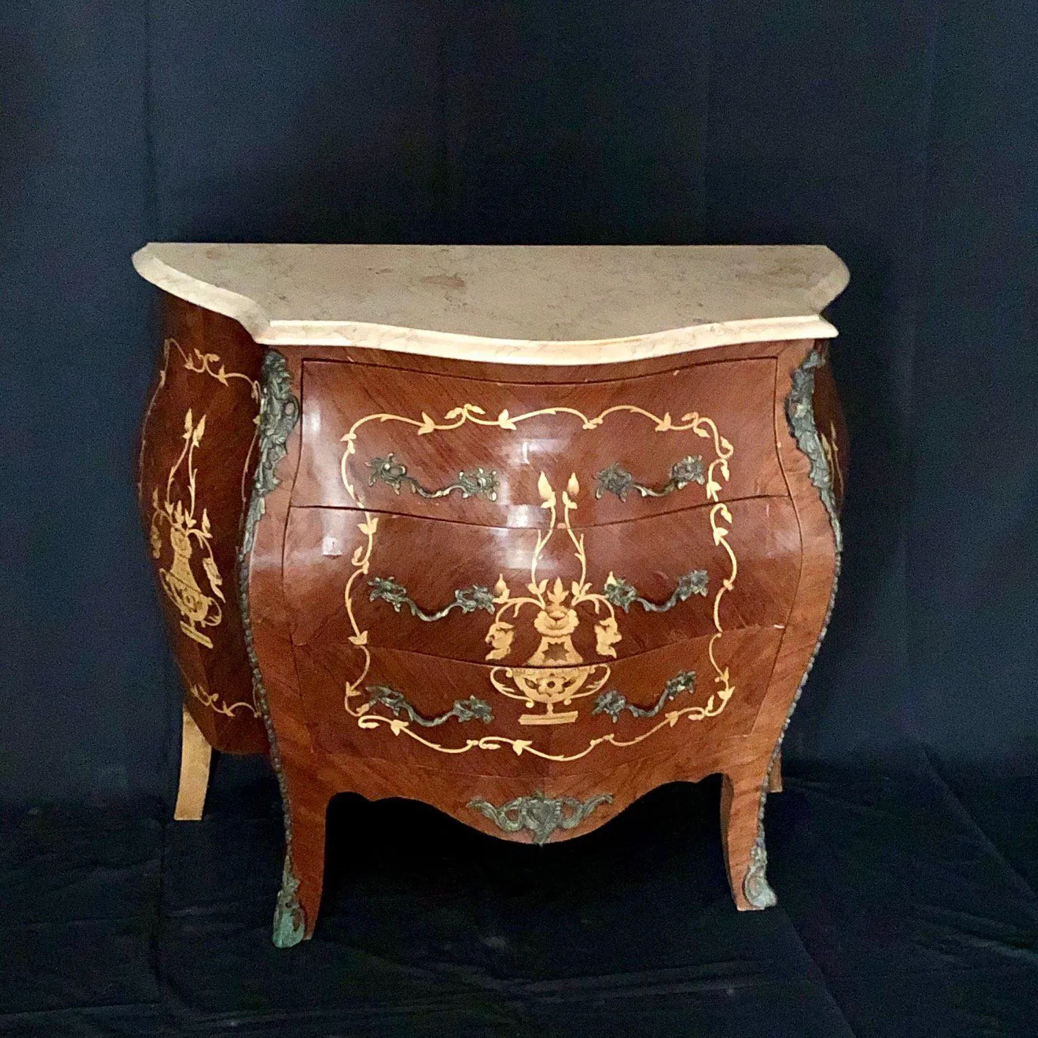 French Louis XV Style Side Table or Nightstand with Detailed Inlay and Cream Marble Top