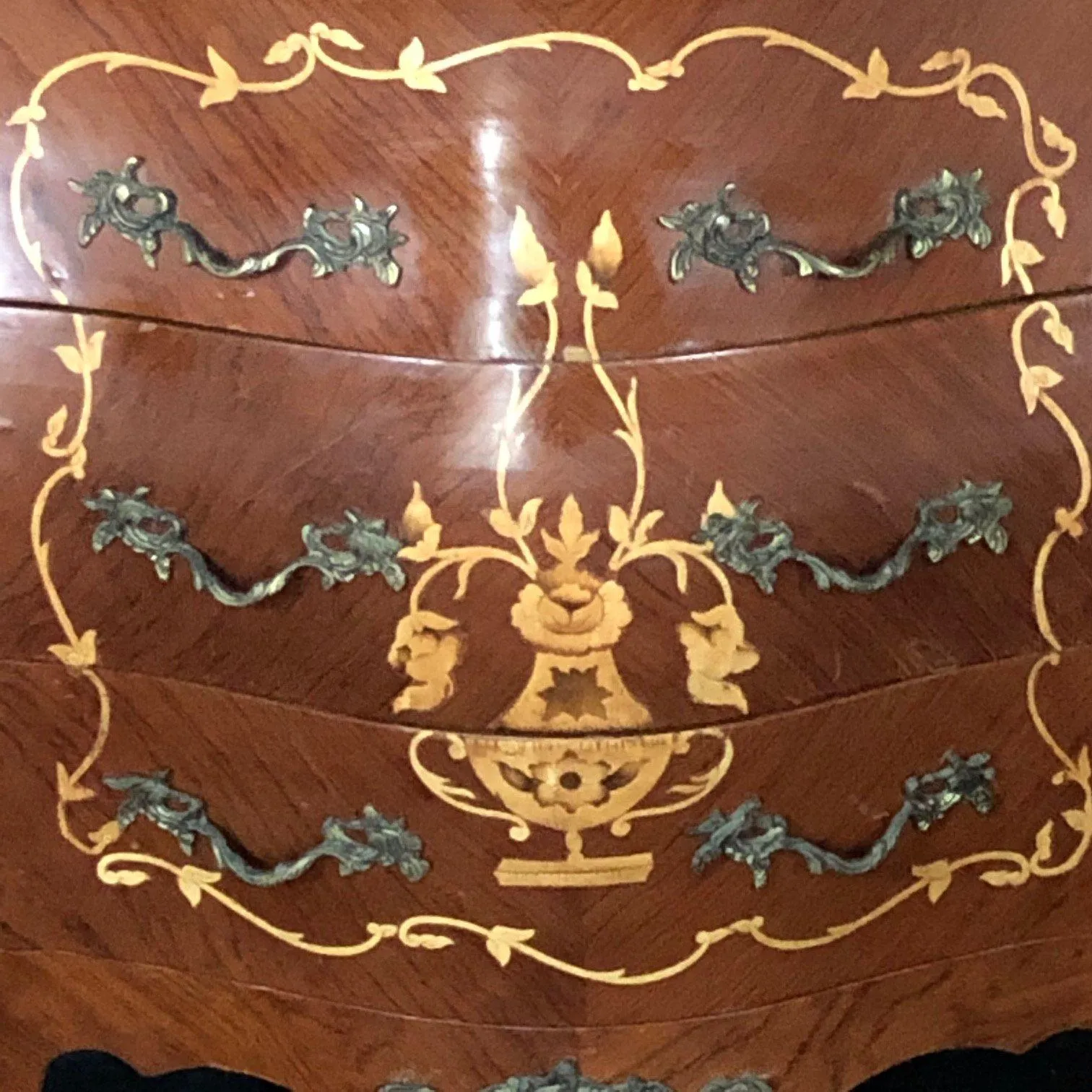 French Louis XV Style Side Table or Nightstand with Detailed Inlay and Cream Marble Top