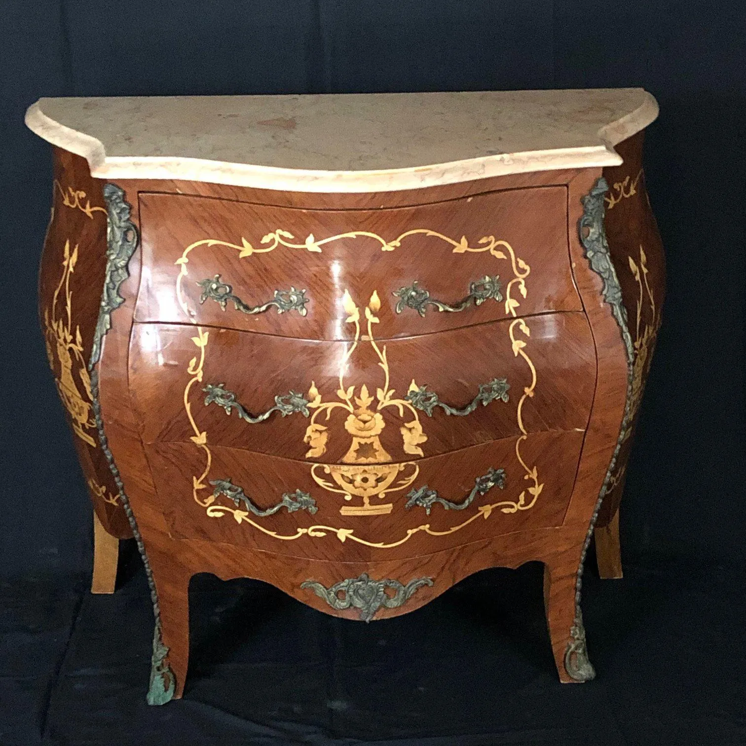 French Louis XV Style Side Table or Nightstand with Detailed Inlay and Cream Marble Top