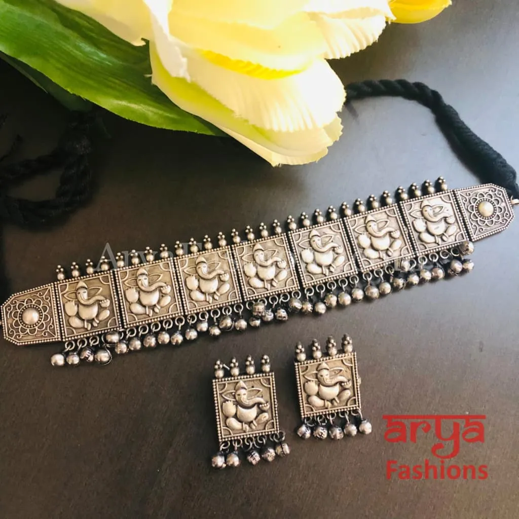 Ganesha Silver Oxidized Tribal Choker Necklace with Stud earrings