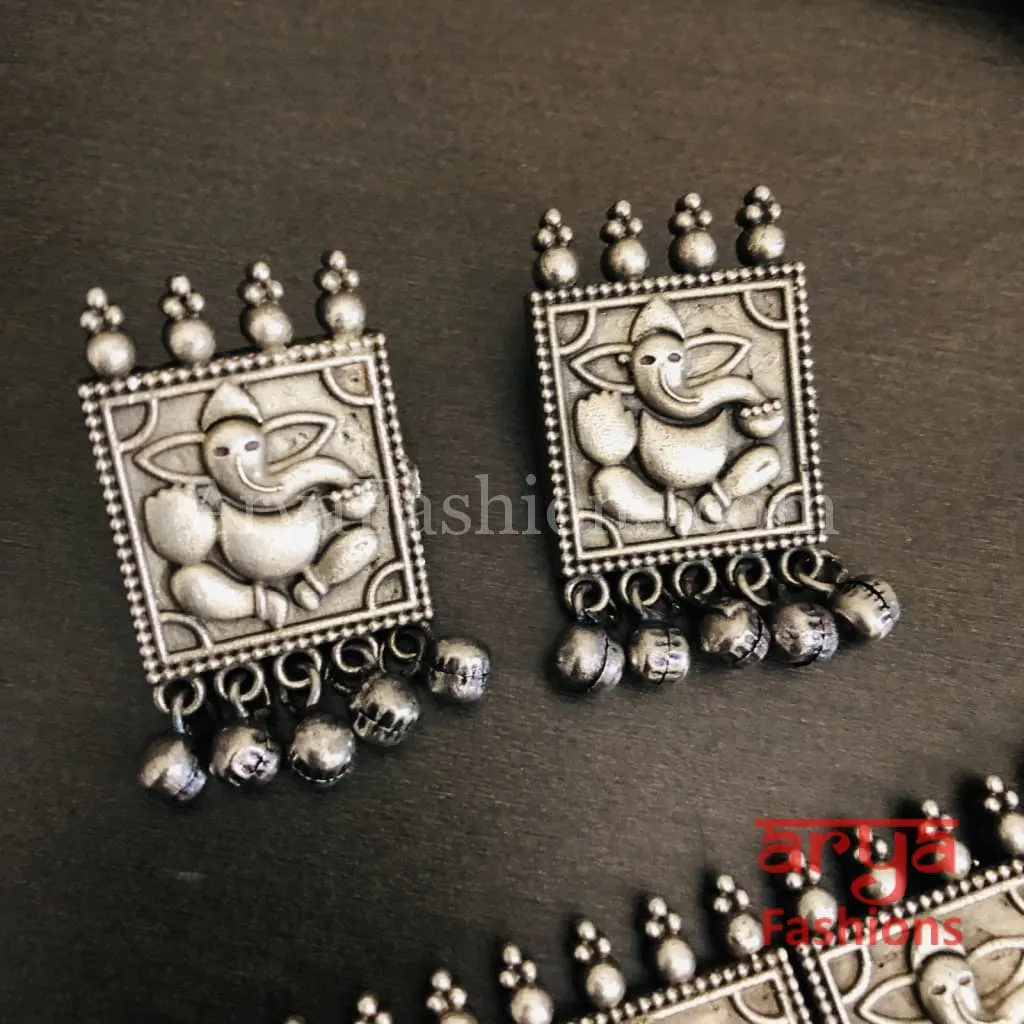 Ganesha Silver Oxidized Tribal Choker Necklace with Stud earrings