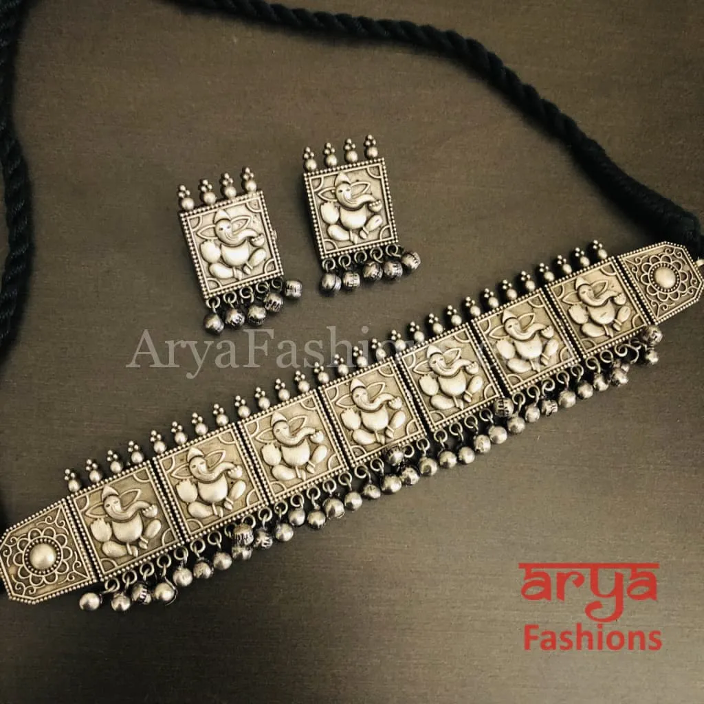 Ganesha Silver Oxidized Tribal Choker Necklace with Stud earrings