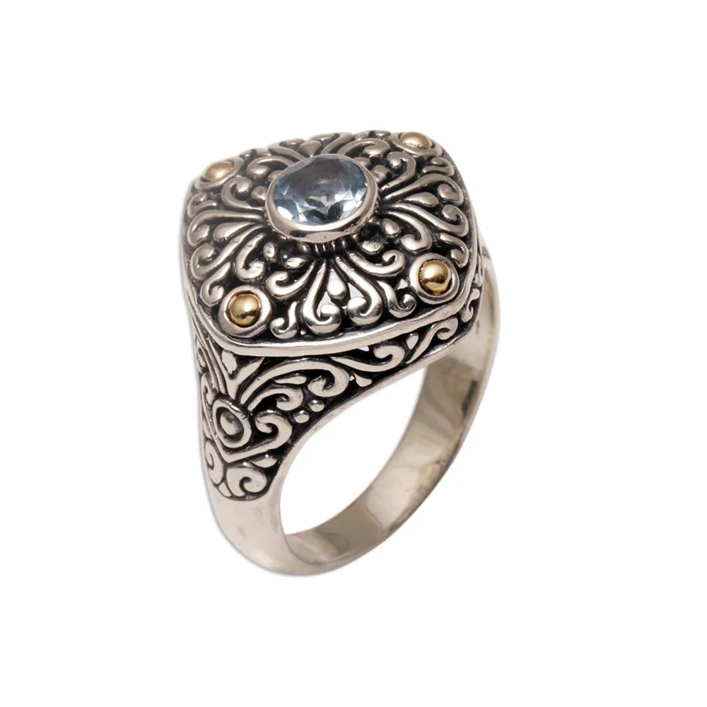 Gold-accented Blue Topaz Swirl Motif Cocktail Ring from Bali - Swirling Facade | NOVICA