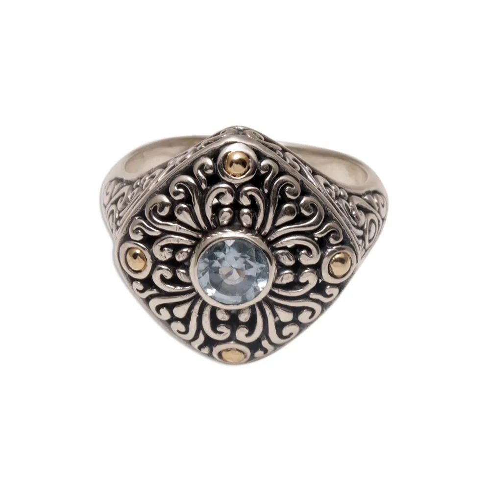 Gold-accented Blue Topaz Swirl Motif Cocktail Ring from Bali - Swirling Facade | NOVICA