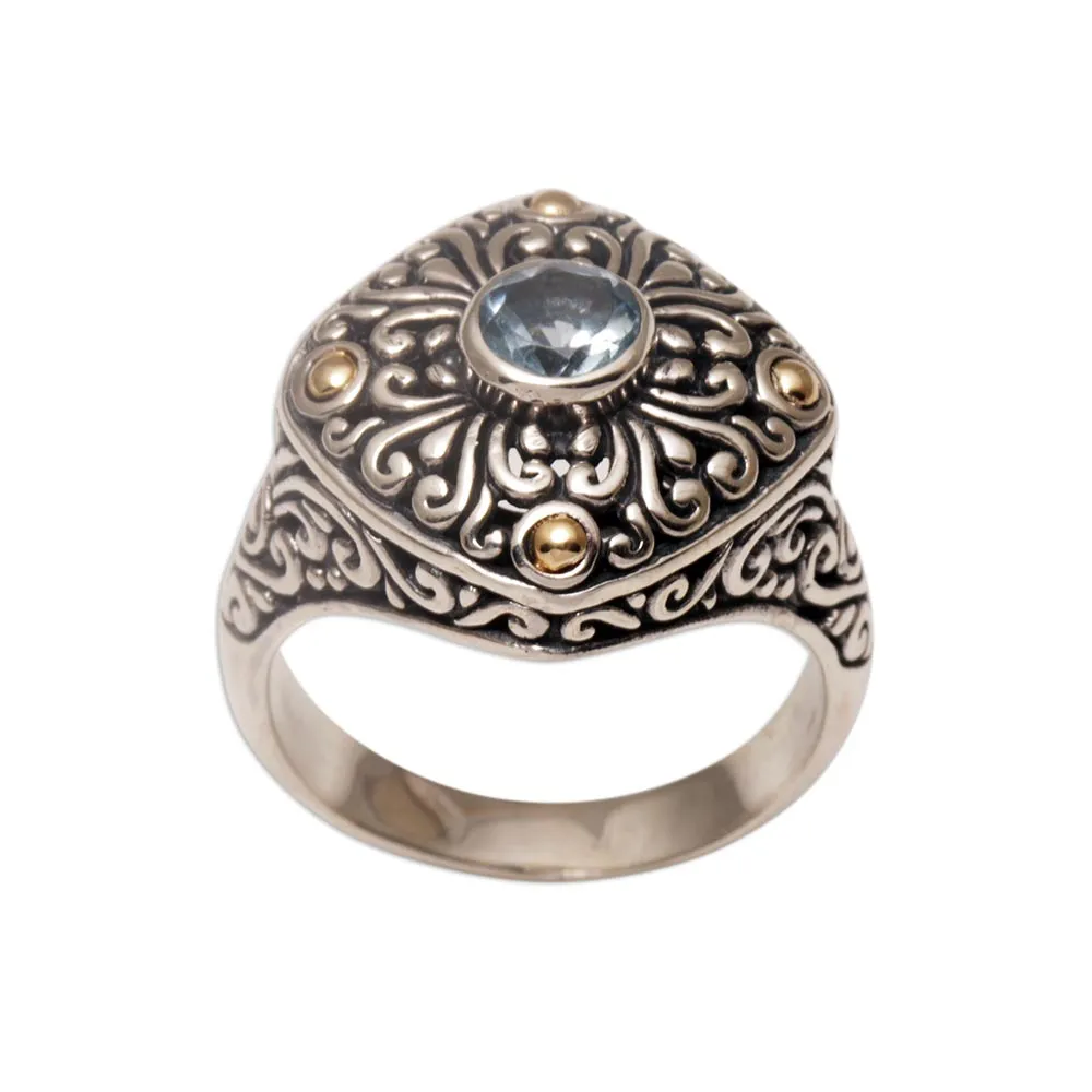 Gold-accented Blue Topaz Swirl Motif Cocktail Ring from Bali - Swirling Facade | NOVICA