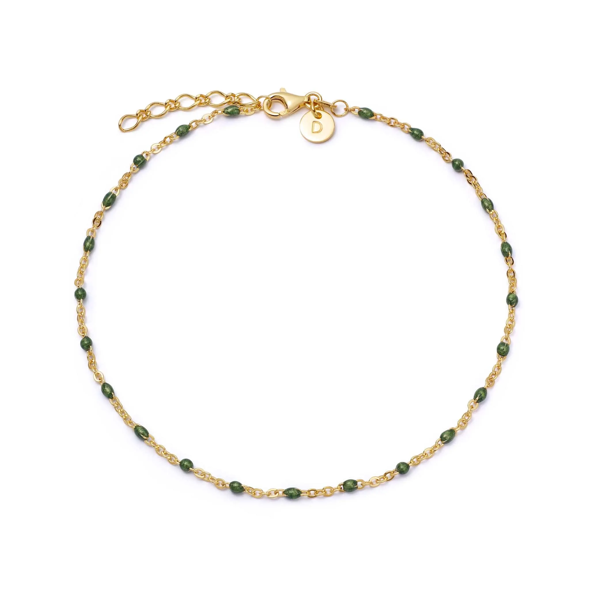 Green Enamel Beaded Anklet 18ct Gold Plate