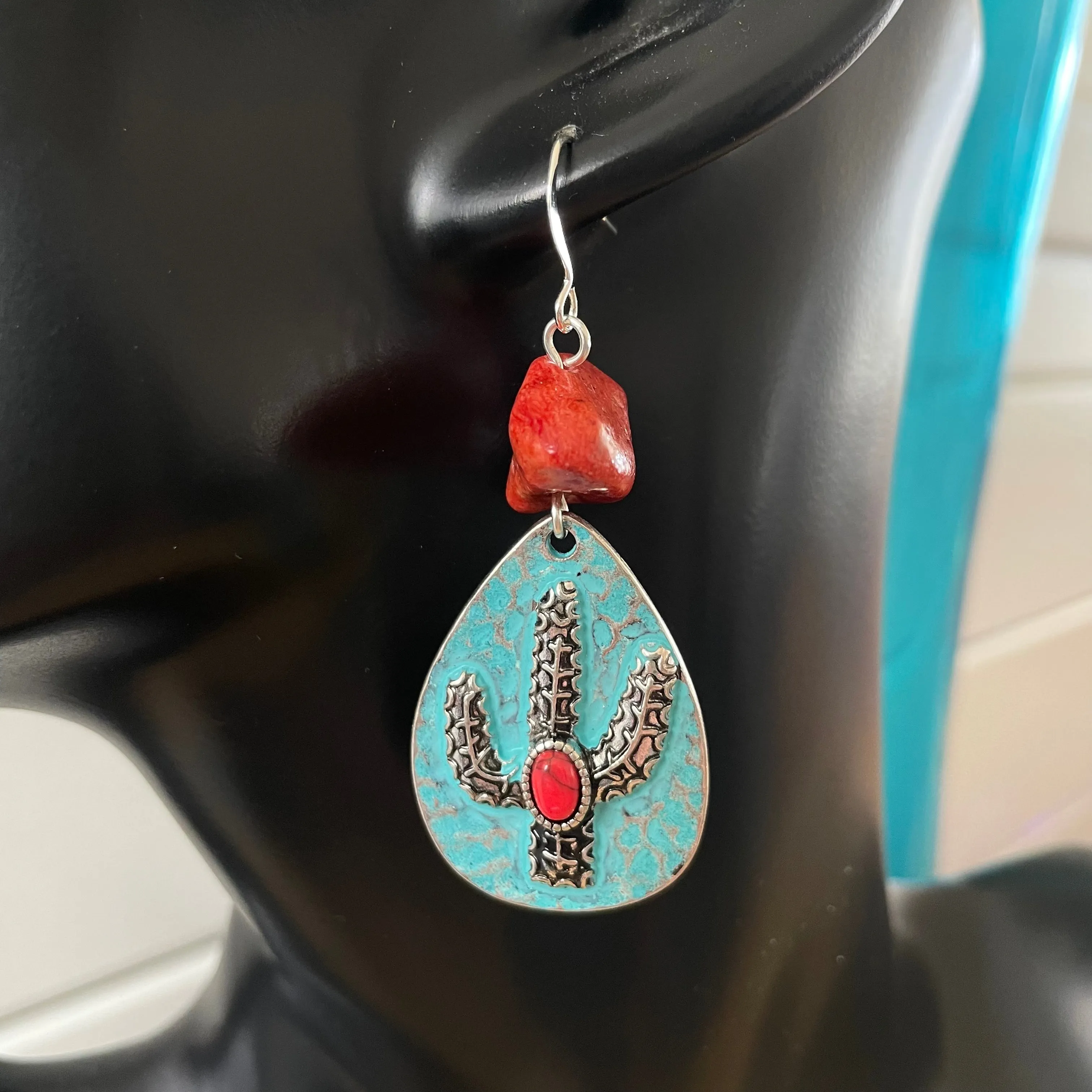 Handmade Saguaro & Polished Coral Earrings Hammered Texture Mixed Metal Cactus Southwest Western Desert Orange Red Blue Green