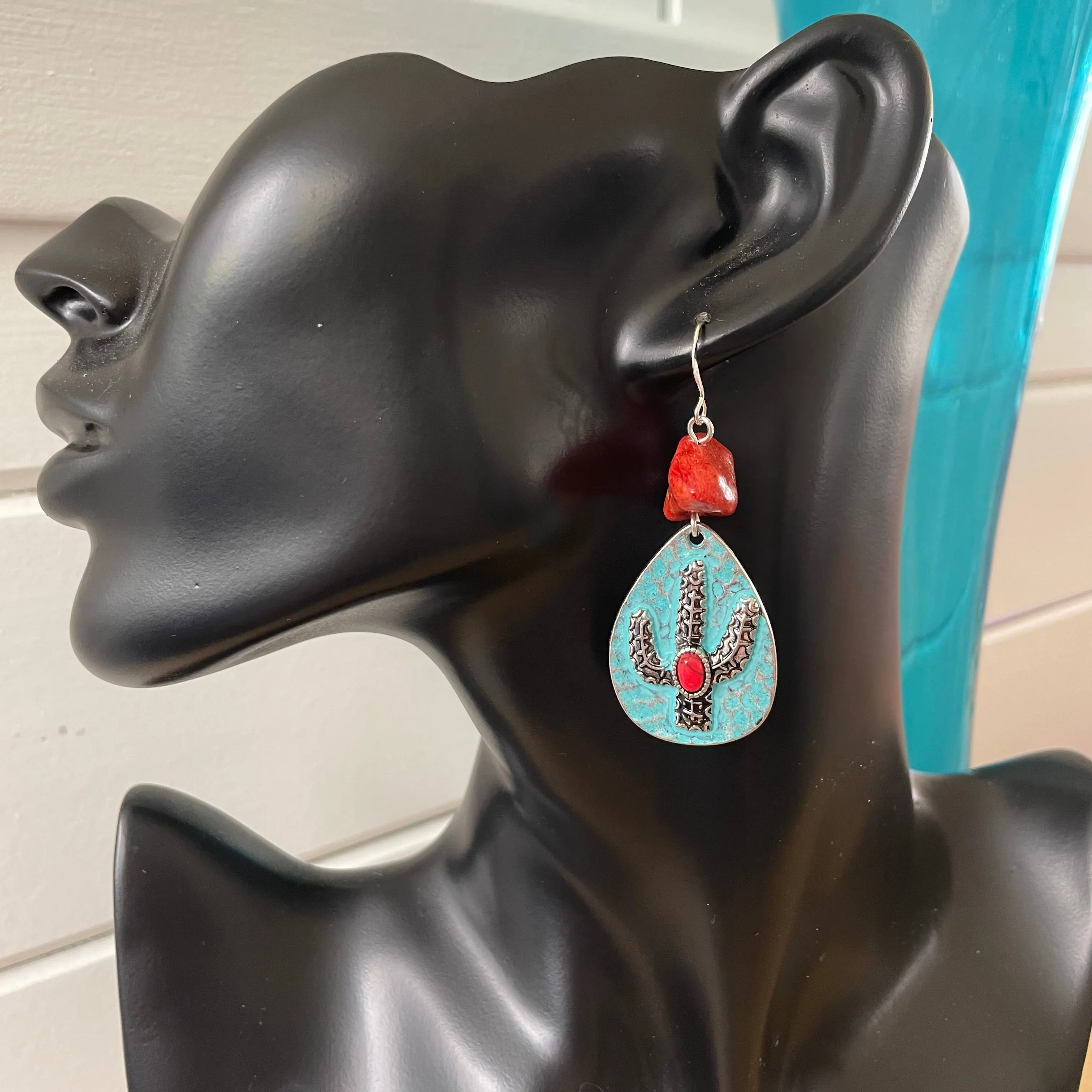 Handmade Saguaro & Polished Coral Earrings Hammered Texture Mixed Metal Cactus Southwest Western Desert Orange Red Blue Green