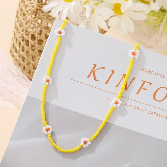 Korean Fashion Colorful Little Daisy Flower Beaded Necklace For Women Bohemian Beads Clavicle Chain Choker Necklace Jewelry