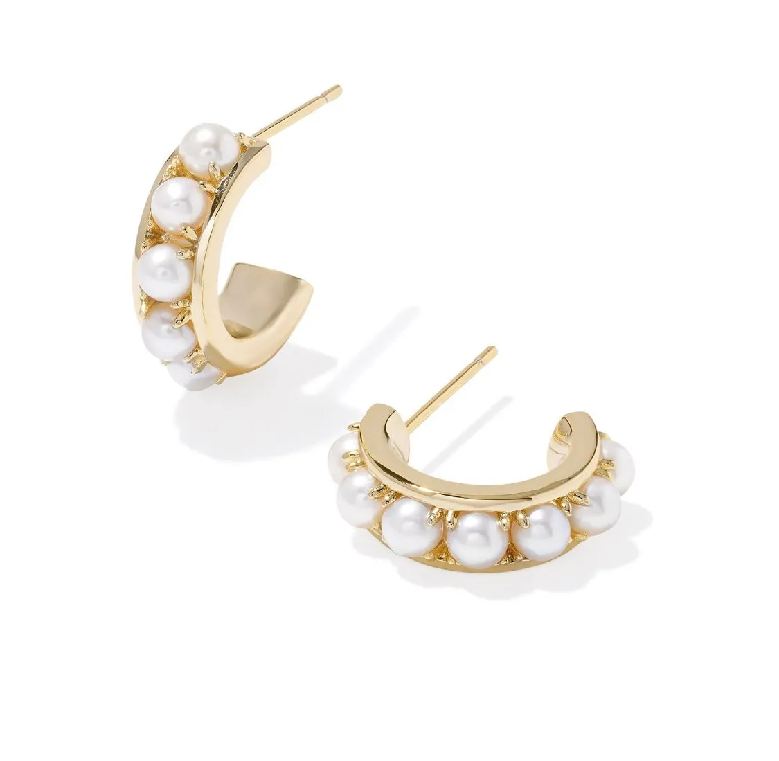 Krista Gold Huggie Earrings in White Pearl