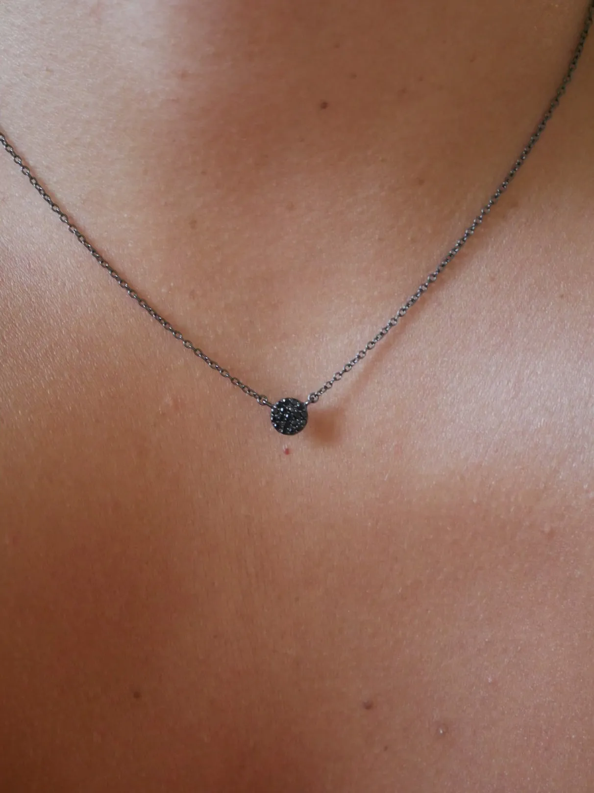 Midnight Black Circle Necklace, .925 Sterling Silver Pave Diamond CZ Dainty Tiny Circle Necklace