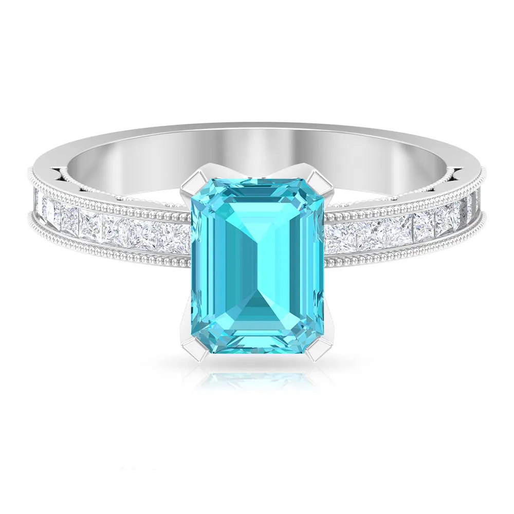 Milgrain Detailed Swiss Blue Topaz Solitaire Ring with Diamond