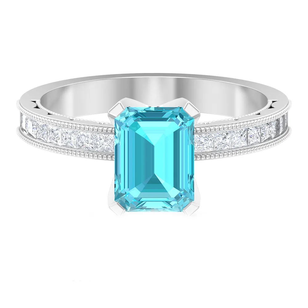 Milgrain Detailed Swiss Blue Topaz Solitaire Ring with Diamond