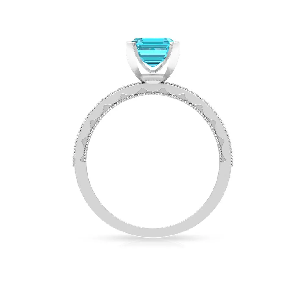 Milgrain Detailed Swiss Blue Topaz Solitaire Ring with Diamond