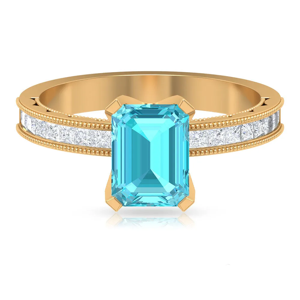 Milgrain Detailed Swiss Blue Topaz Solitaire Ring with Diamond