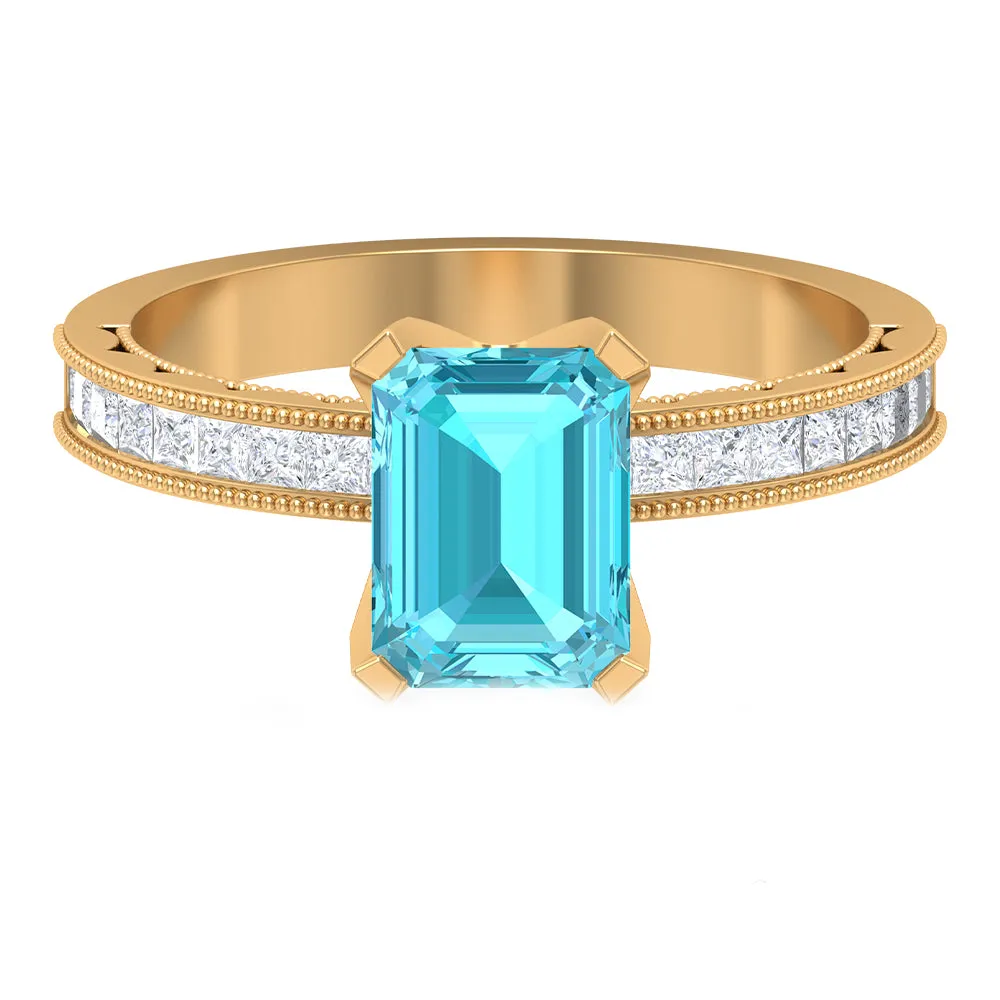 Milgrain Detailed Swiss Blue Topaz Solitaire Ring with Diamond