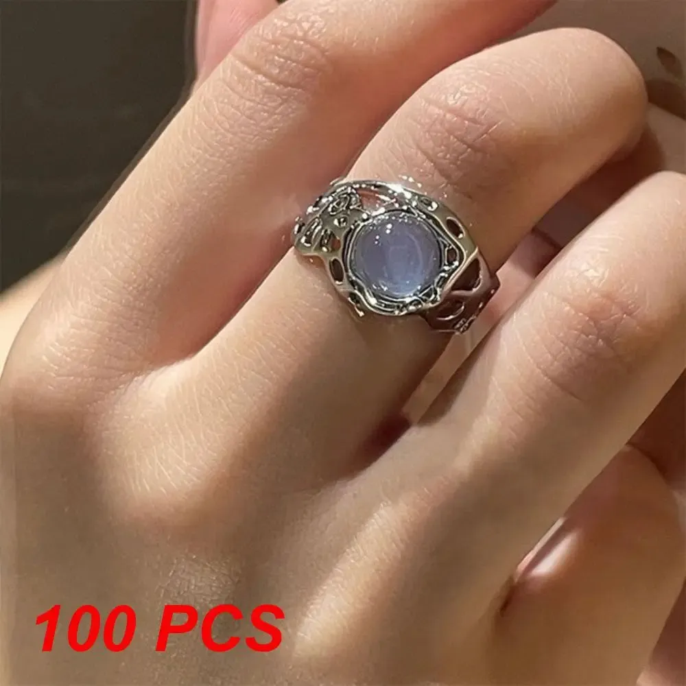 Moonlight Stone Inlaid Ring Light Luxury Small Unique Simple Shiny Opening Ring Women's Trendy Finger Party Jewelry Gift