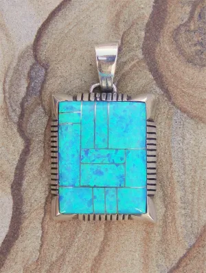 Native American Made Blue Opal Inlaid and Sterling Silver Pendant