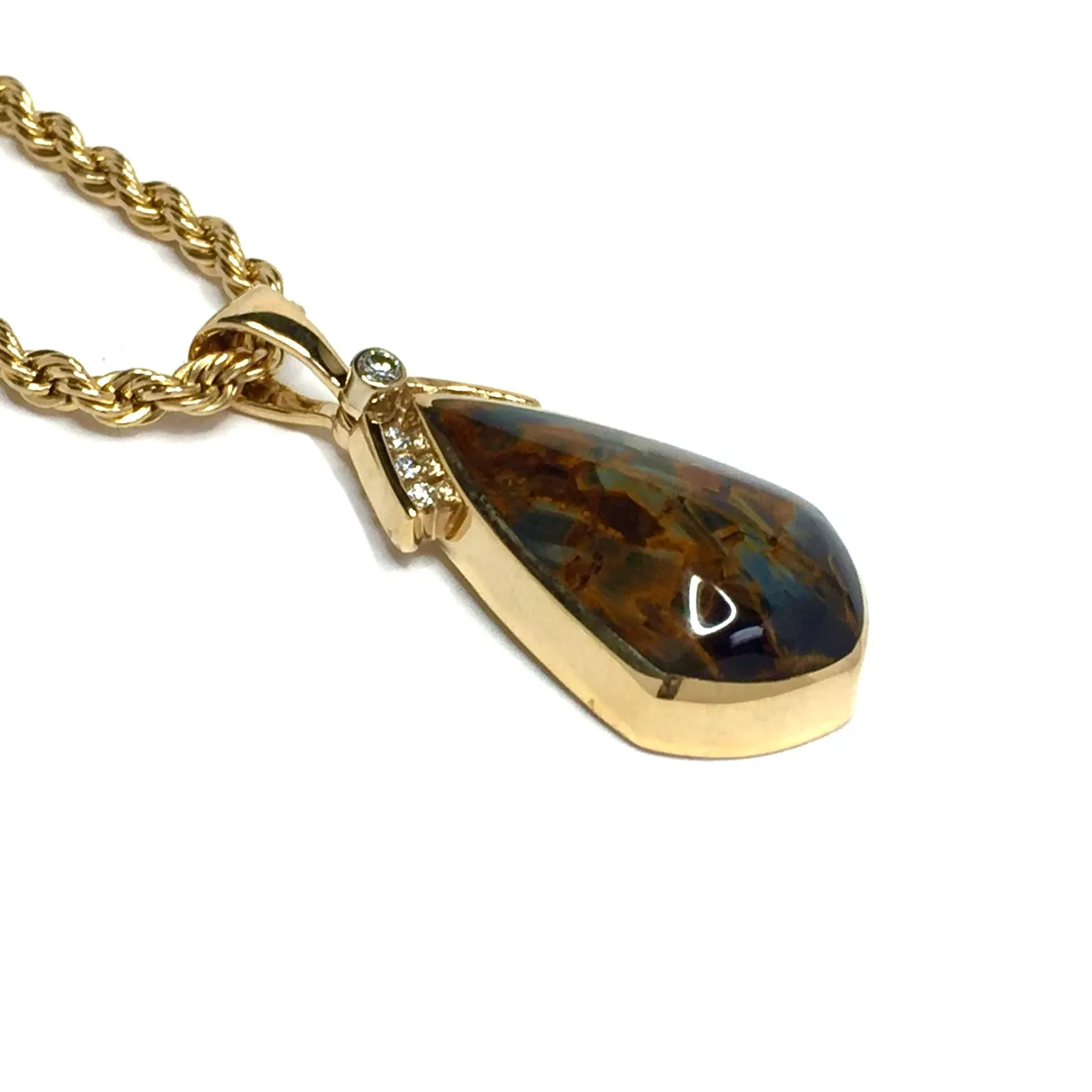 Natural pietersite pendant, tear drop inlaid design, .15ctw diamonds