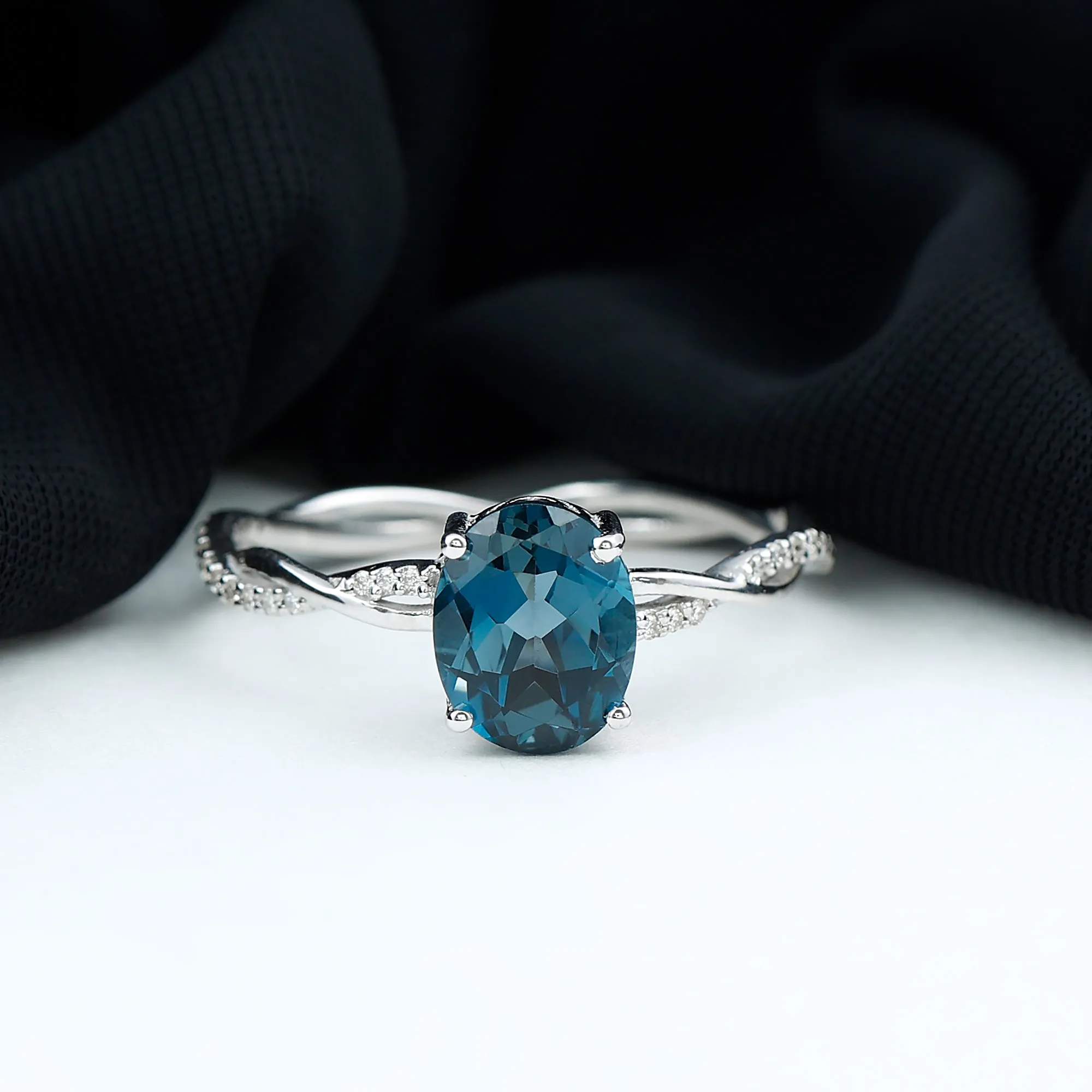 Oval Cut Solitaire London Blue Topaz Braided Engagement Ring with Diamond