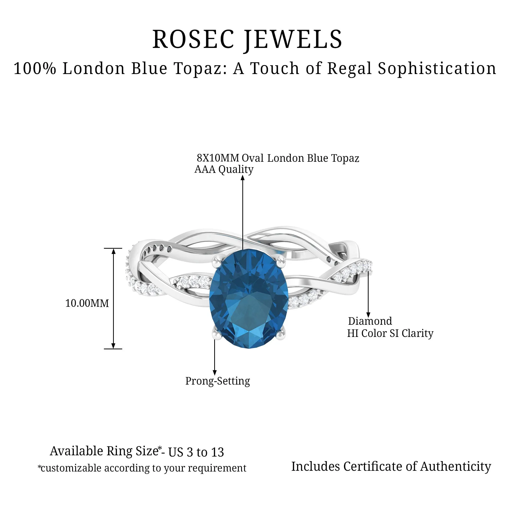 Oval Cut Solitaire London Blue Topaz Braided Engagement Ring with Diamond