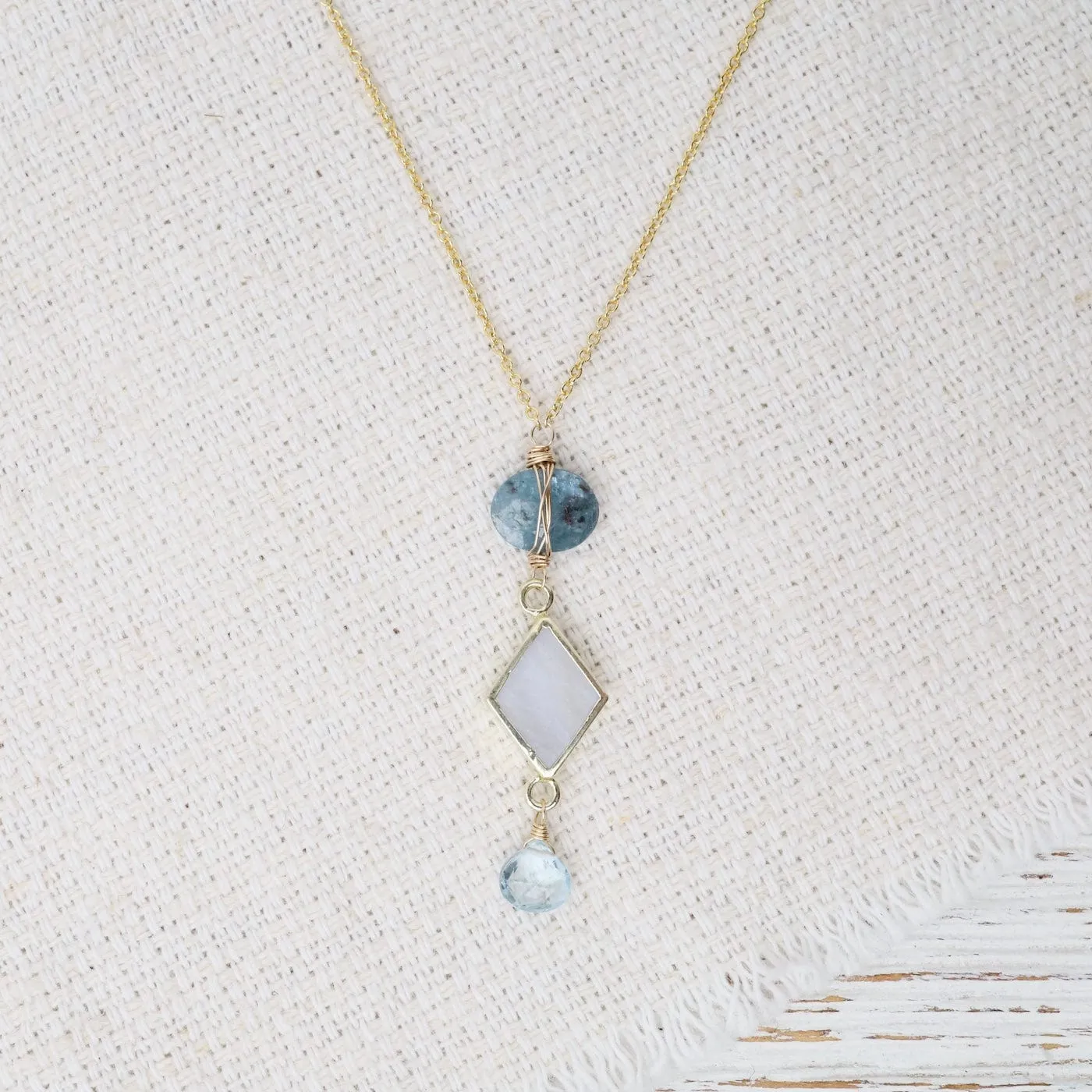 Pearl, Green Sapphire, Blue Topaz, & Kyanite Pendant Necklace