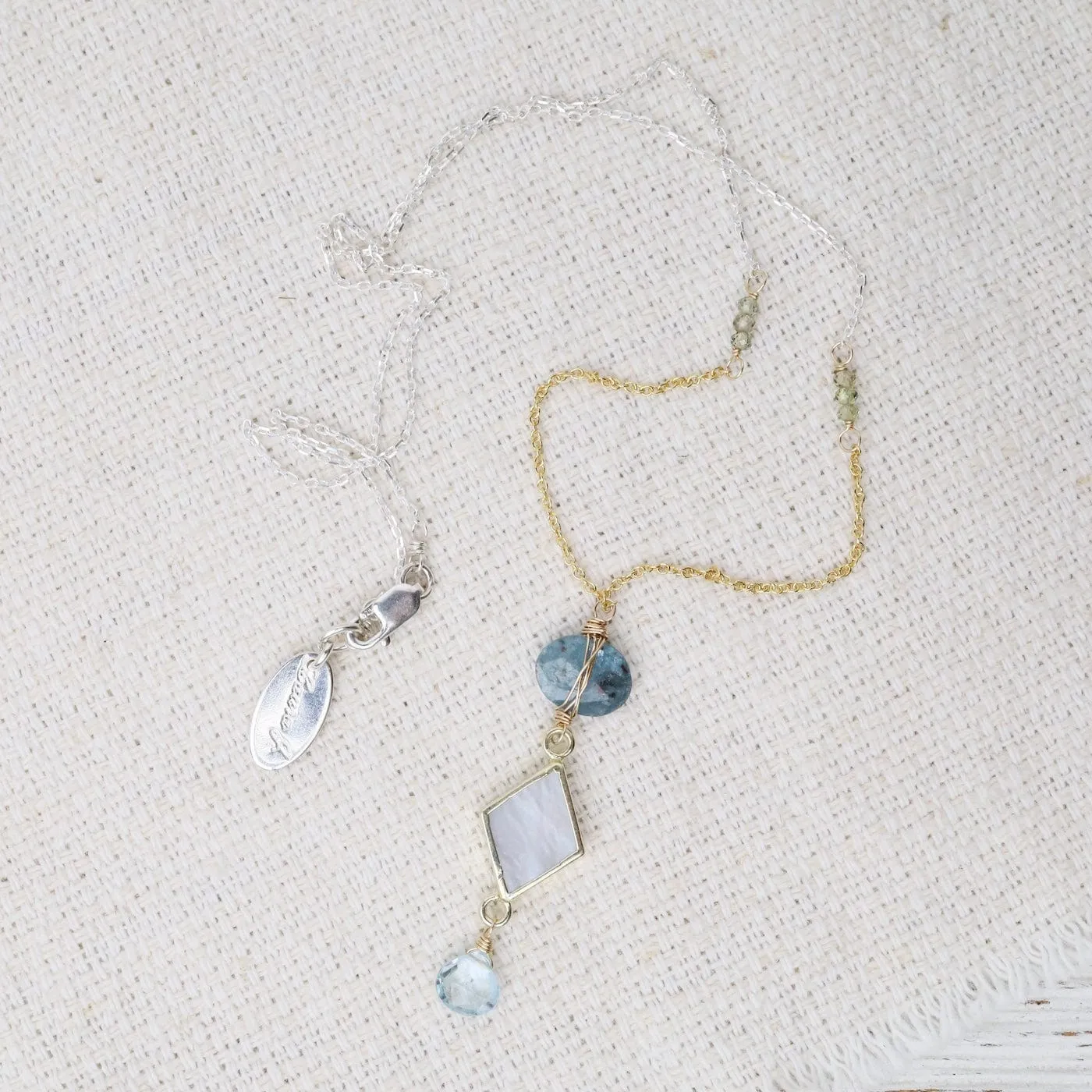 Pearl, Green Sapphire, Blue Topaz, & Kyanite Pendant Necklace