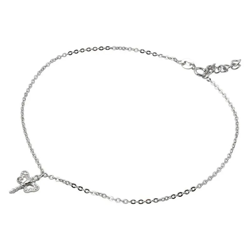 Rhodium Plated 925 Sterling Silver Dangling Dragonfly Anklet with CZ