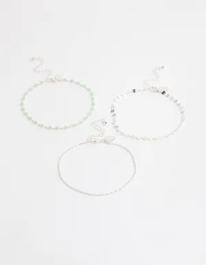 Silver Mixed Beaded & Disc Chain Anklet Pack