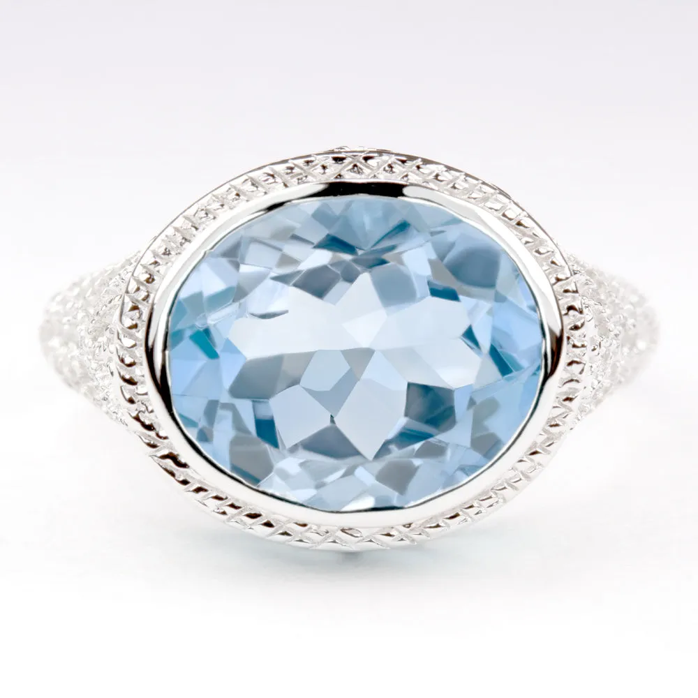 SKY BLUE TOPAZ STERLING SILVER RING VINTAGE STYLE EAST WEST OVAL FILIGREE GEM