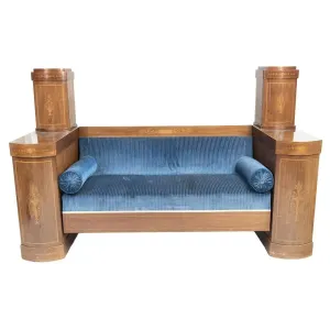 Sofa, Biedermeir Style Cabinet, Blue Striped Velvet, Inlaid Decoration!