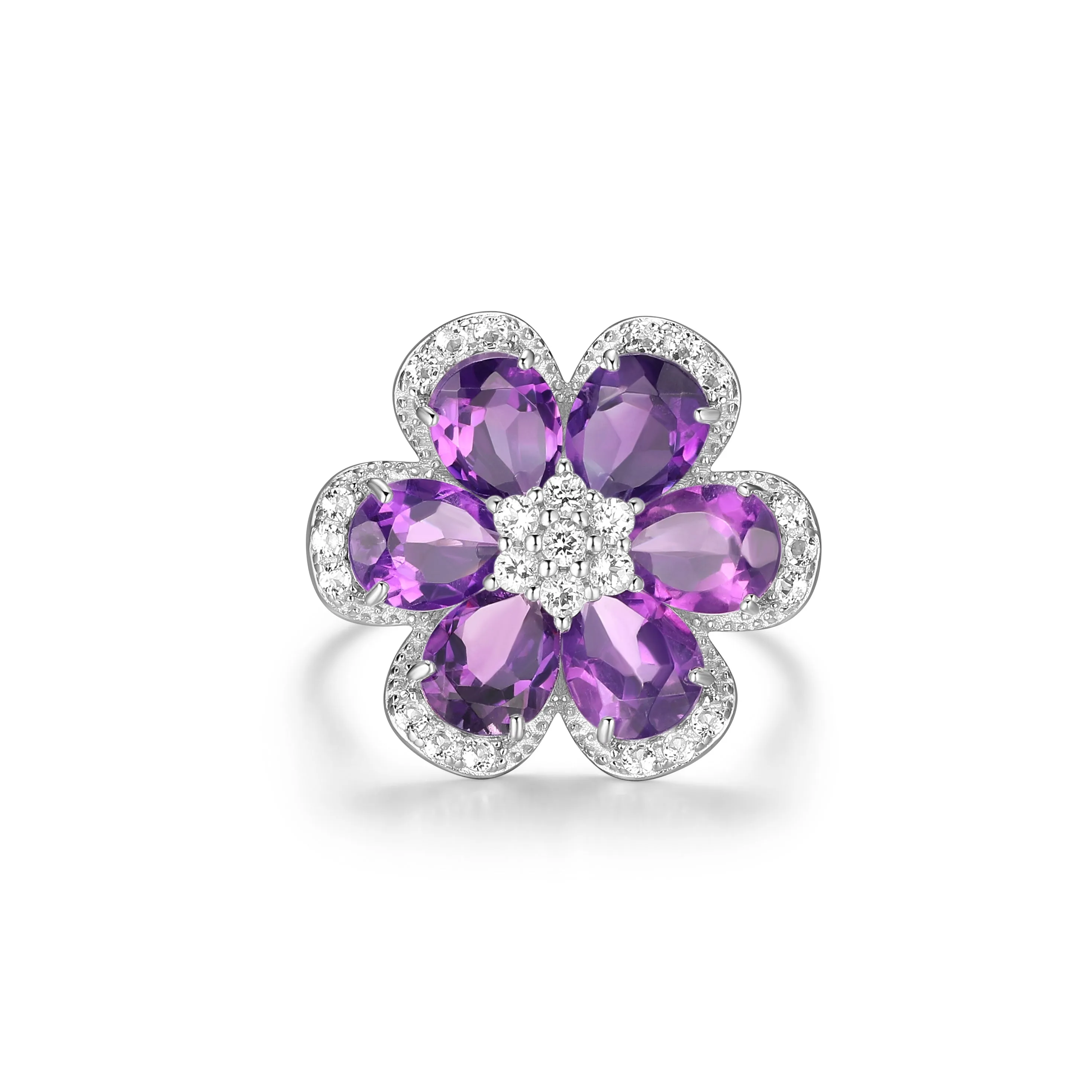 Sterling Silver Amethyst White Topaz Flower Ring