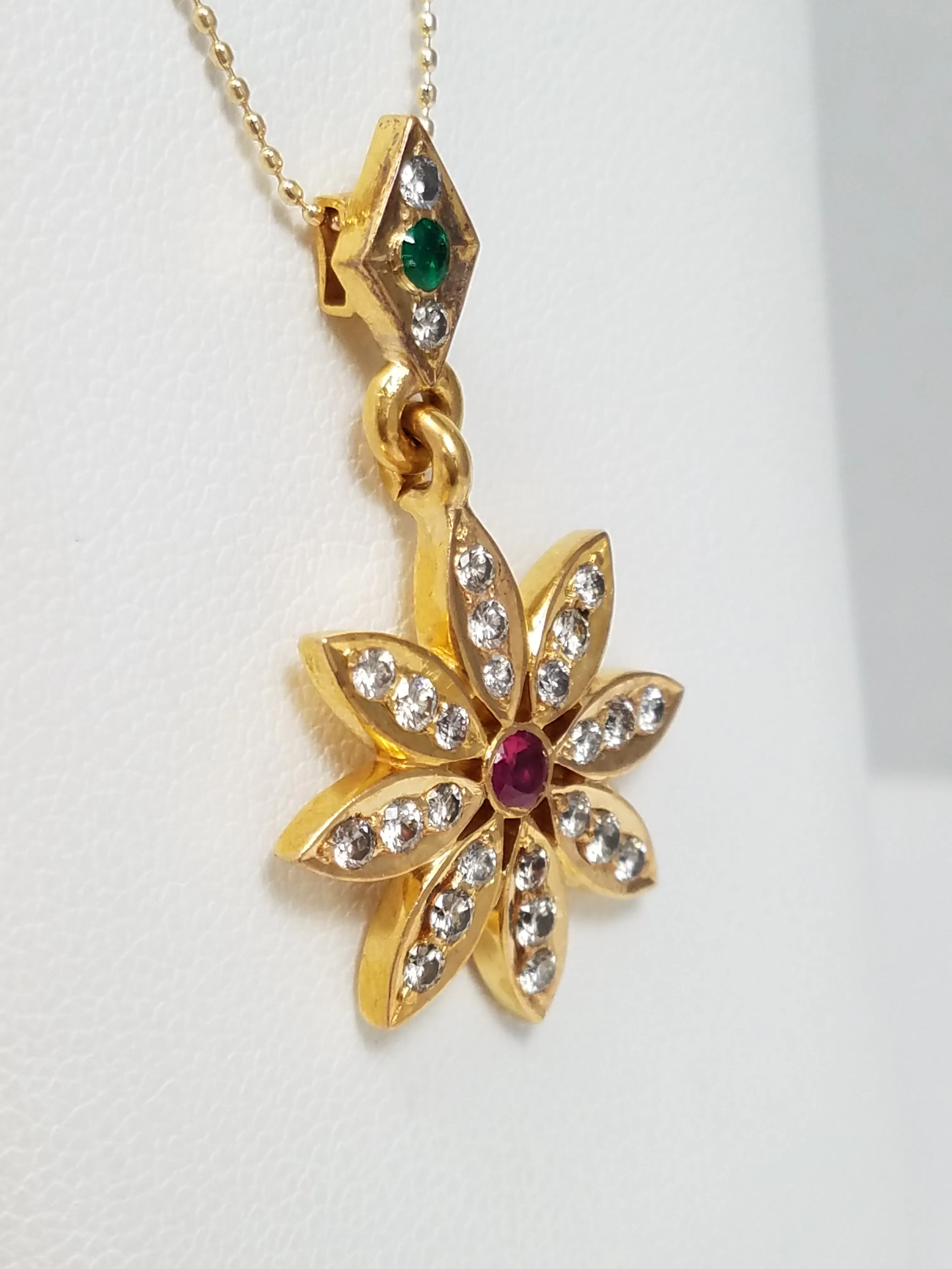 Stunning 21k Yellow Gold Natural Ruby Emerald Diamond Dangle Pendant