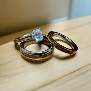 “The Bourbon Trio Bridal Set” Reclaimed Bourbon Barrel Ring™ In Brilliant White Titanium With Oval Cut GenuineWhite Topaz