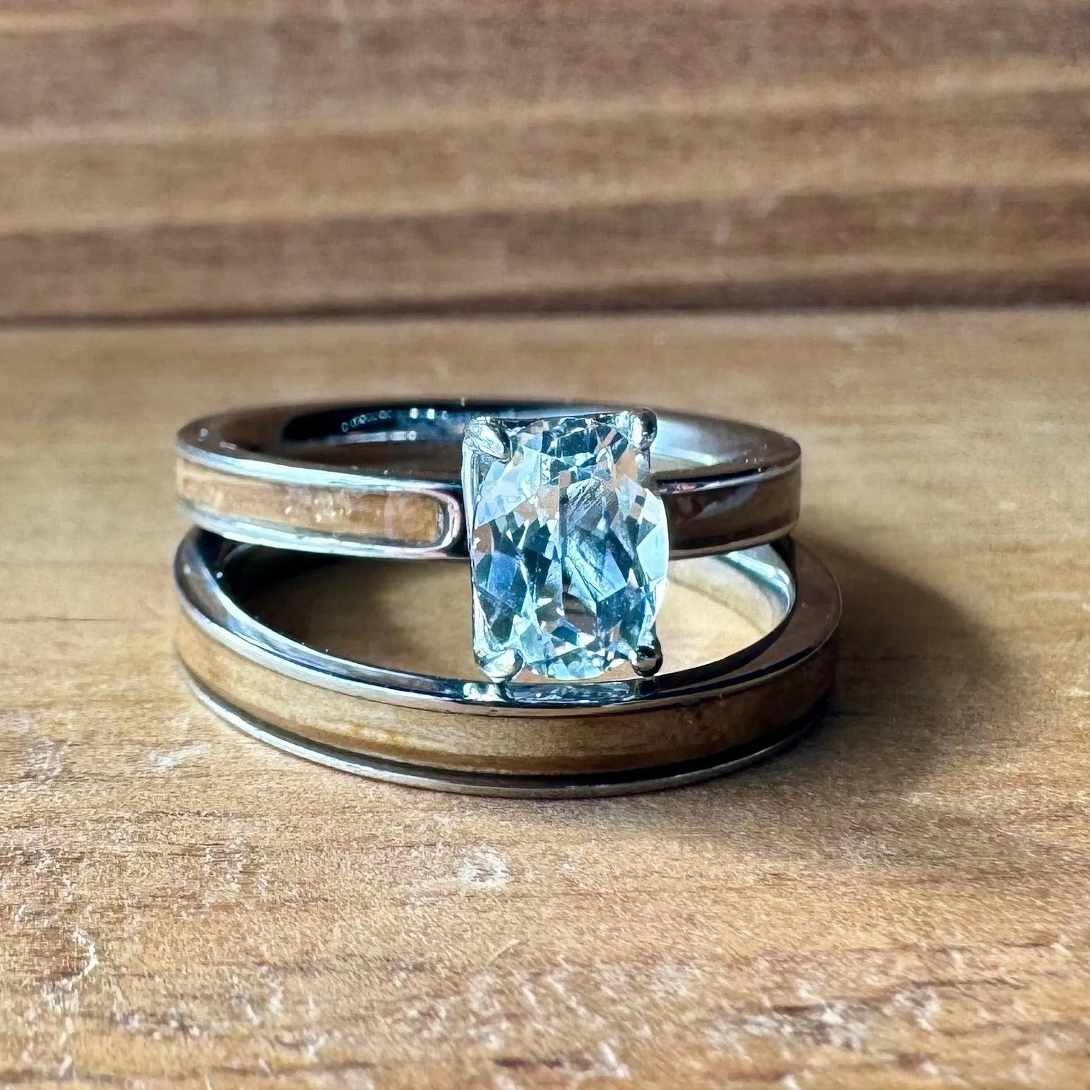 “The Bourbon Trio Bridal Set” Reclaimed Bourbon Barrel Ring™ In Brilliant White Titanium With Oval Cut GenuineWhite Topaz