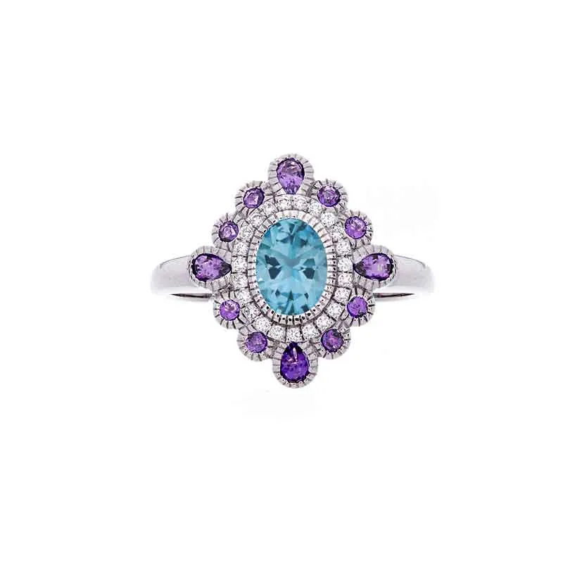 Tremezzo Collection Vintage Blue Topaz, Amethyst and Diamond Ring