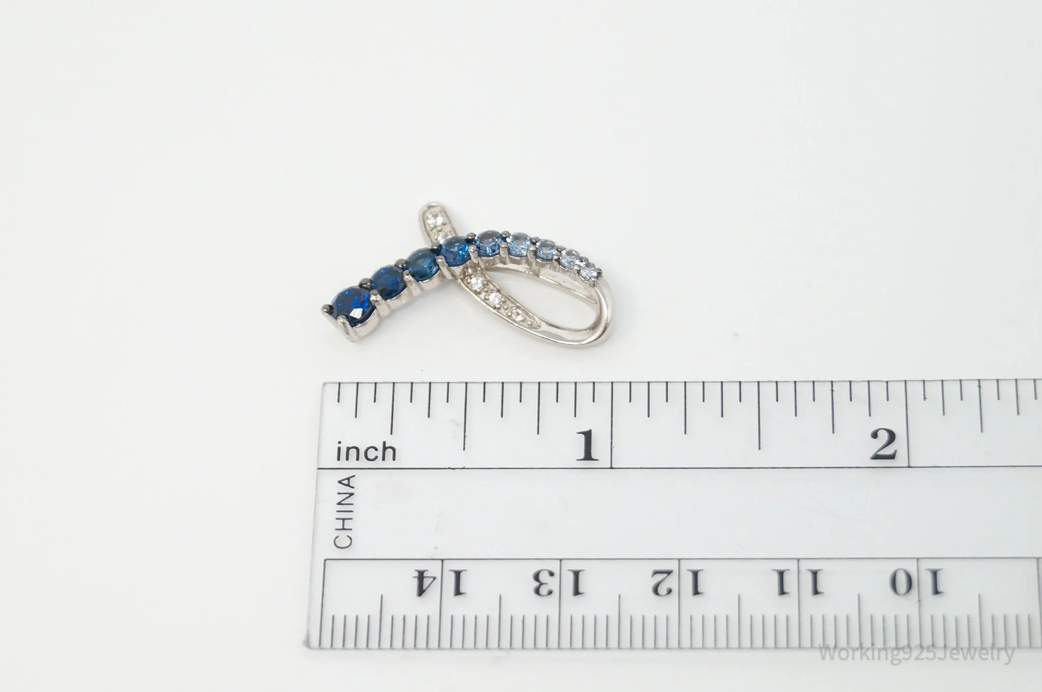 Vintage Blue Lab Sapphire Cubic Zirconia Sterling Silver Ribbon Necklace Pendant