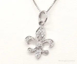 Vintage Fleur De Lis Cubic Zirconia Sterling Silver Necklace