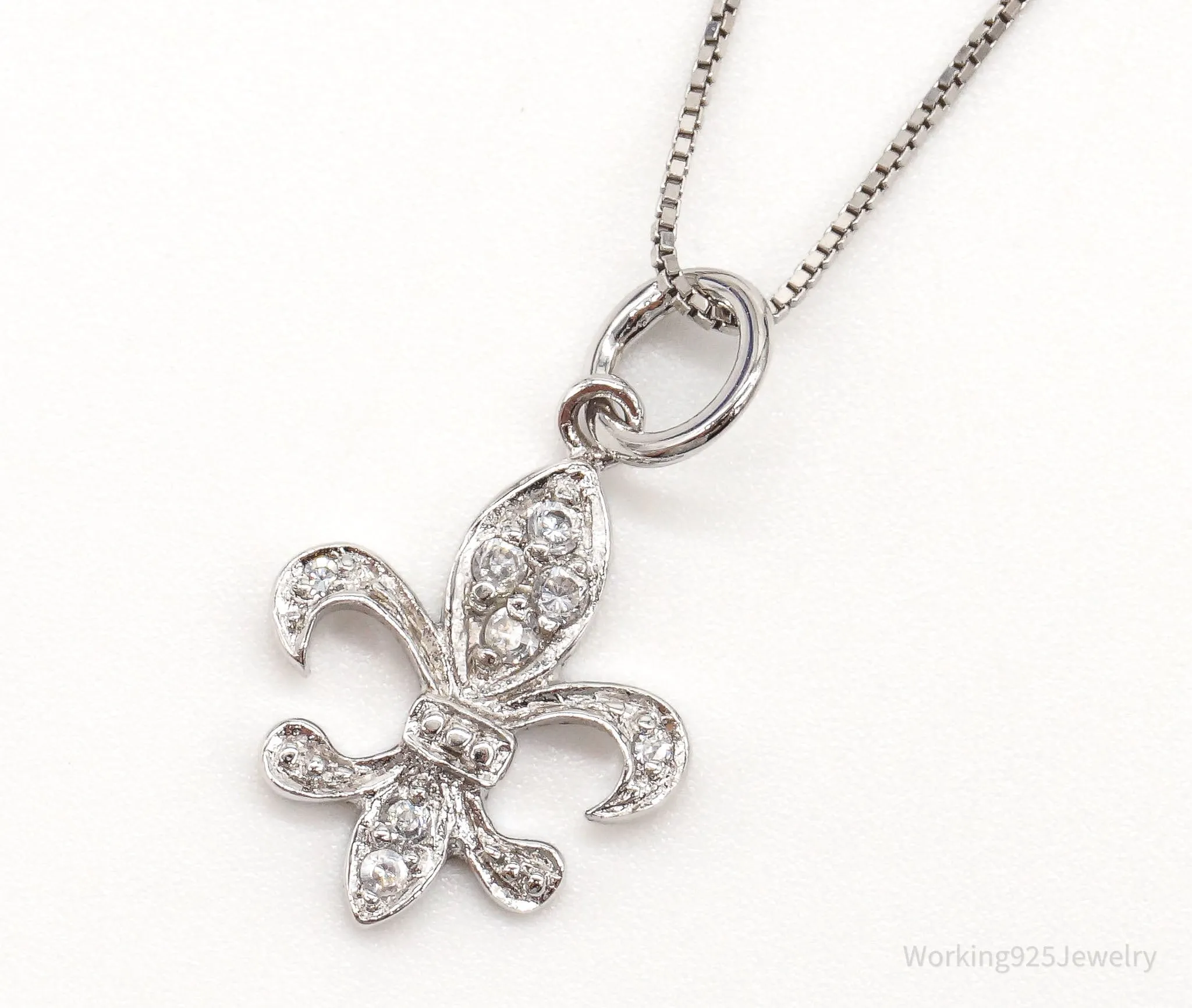 Vintage Fleur De Lis Cubic Zirconia Sterling Silver Necklace