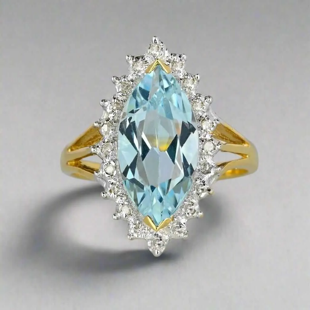 Vintage Gold Diamond Halo Marquise Blue Topaz Ring