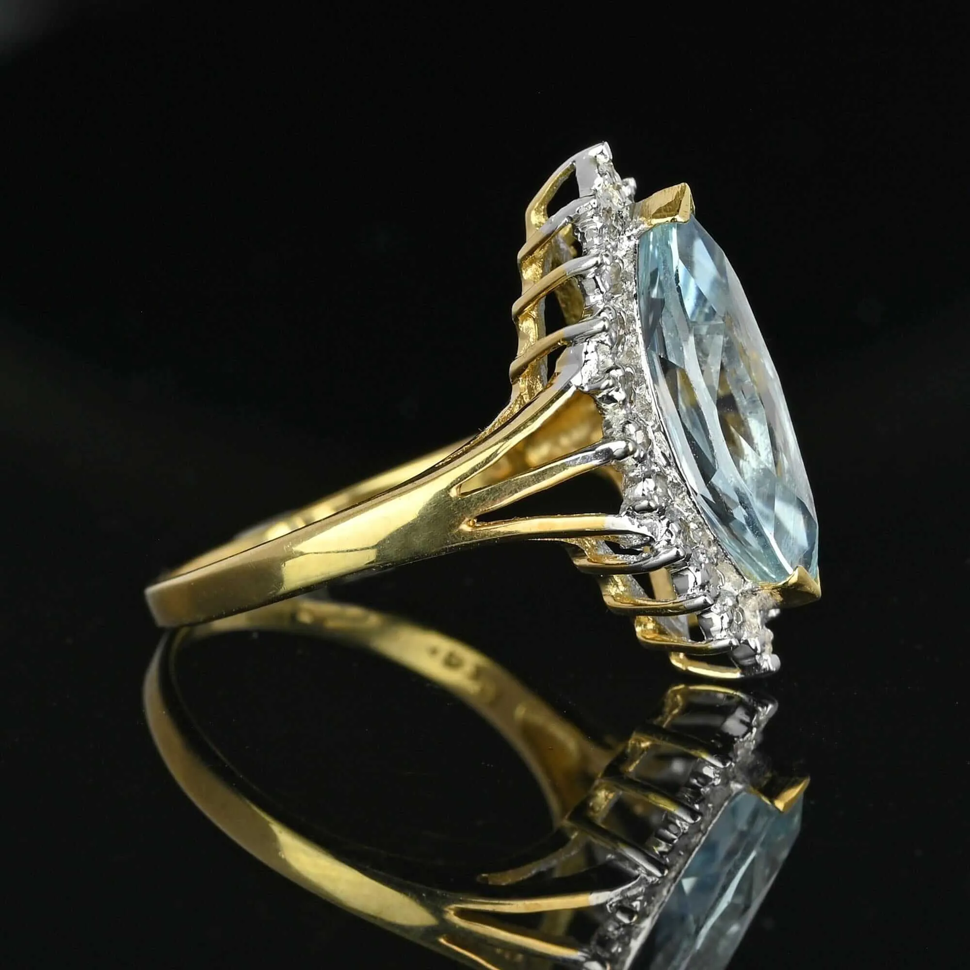 Vintage Gold Diamond Halo Marquise Blue Topaz Ring