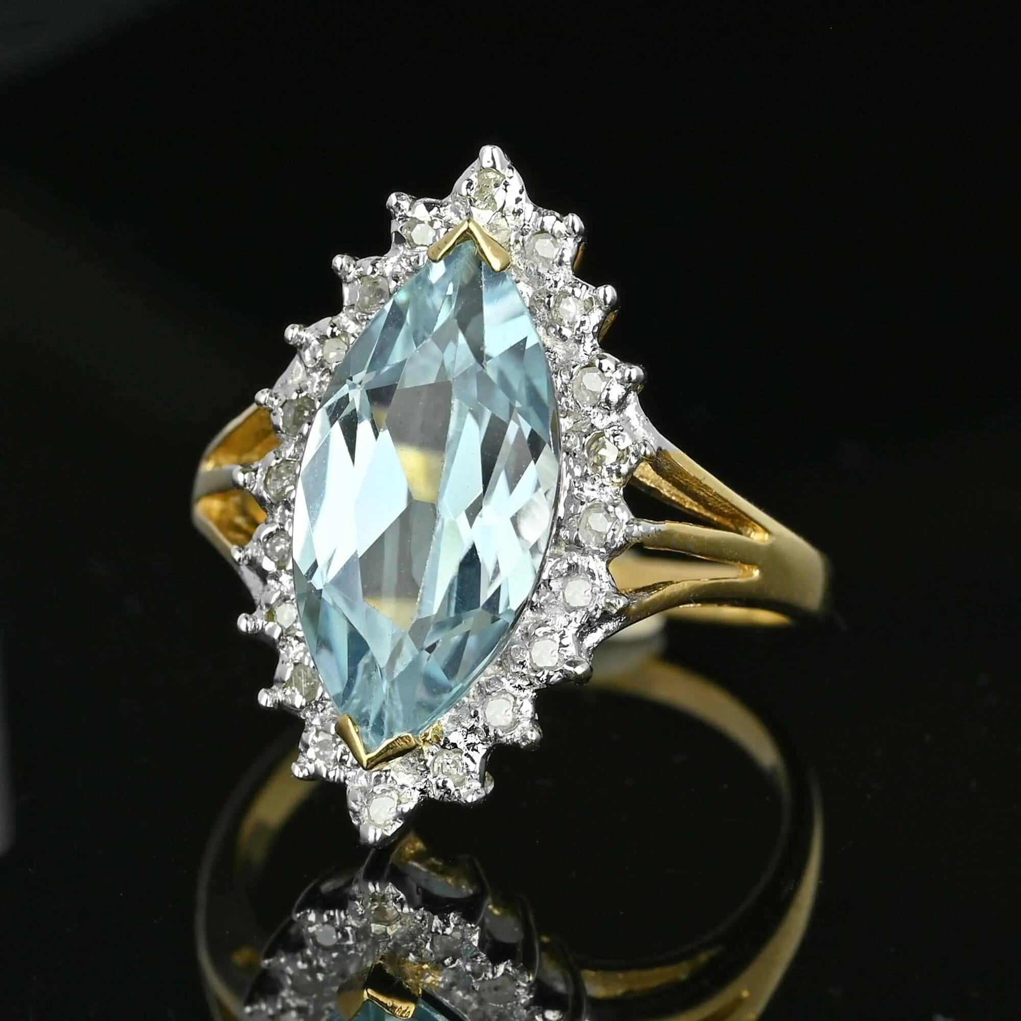 Vintage Gold Diamond Halo Marquise Blue Topaz Ring