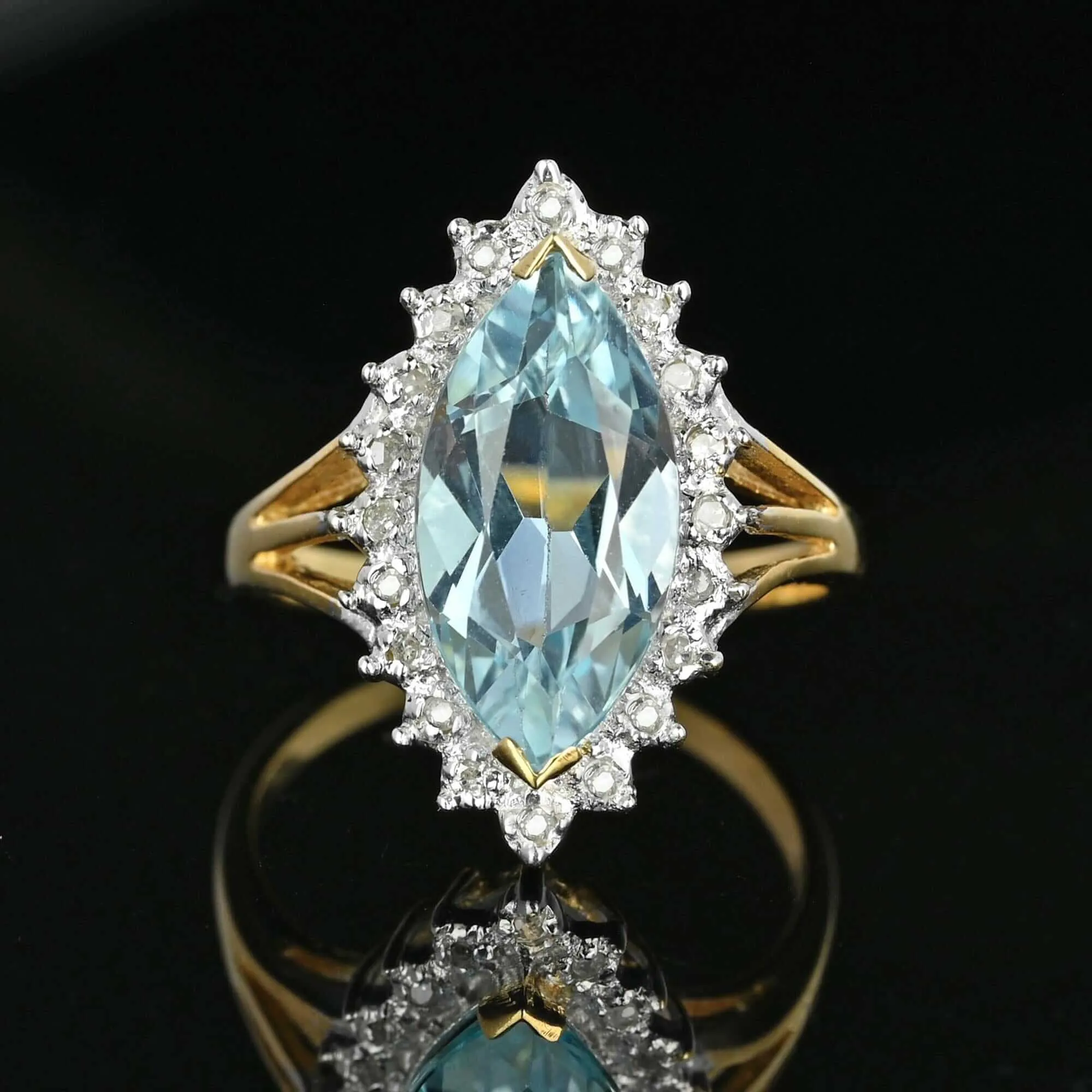 Vintage Gold Diamond Halo Marquise Blue Topaz Ring