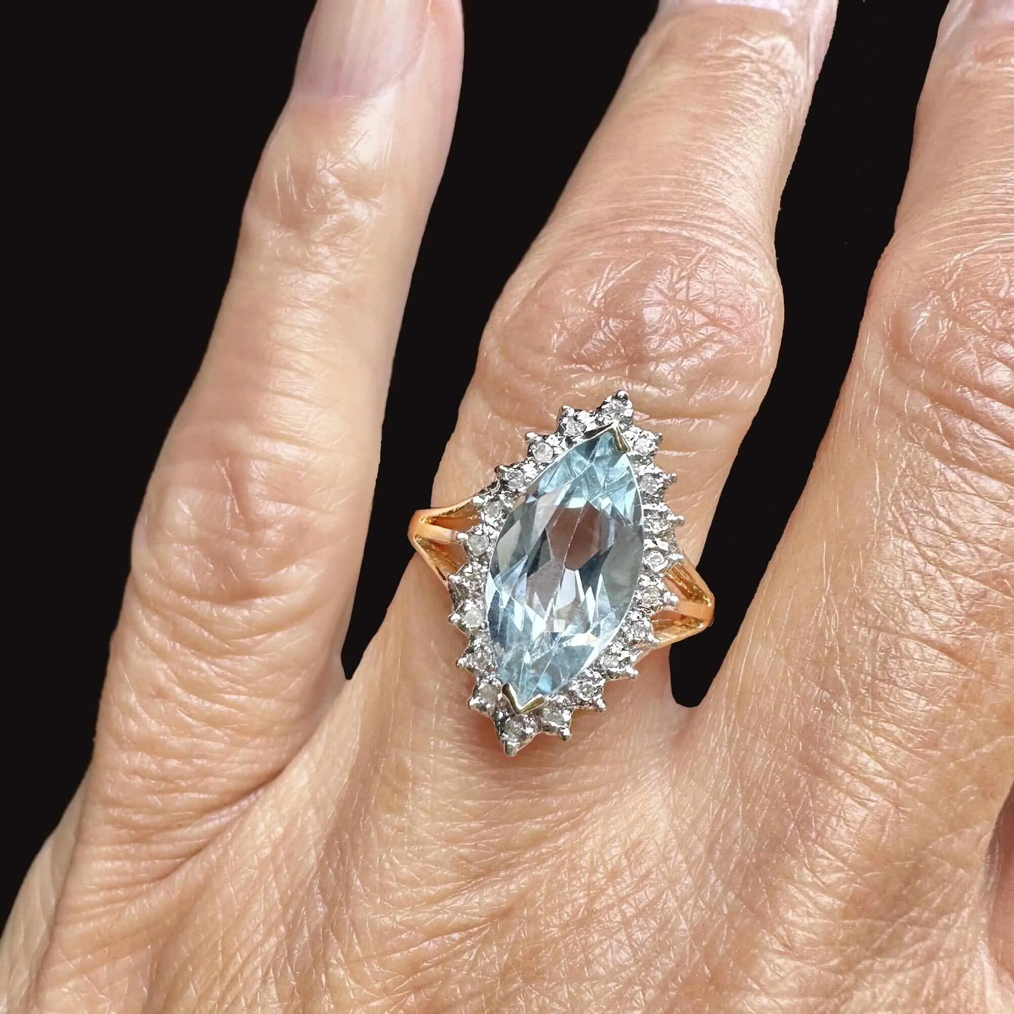 Vintage Gold Diamond Halo Marquise Blue Topaz Ring