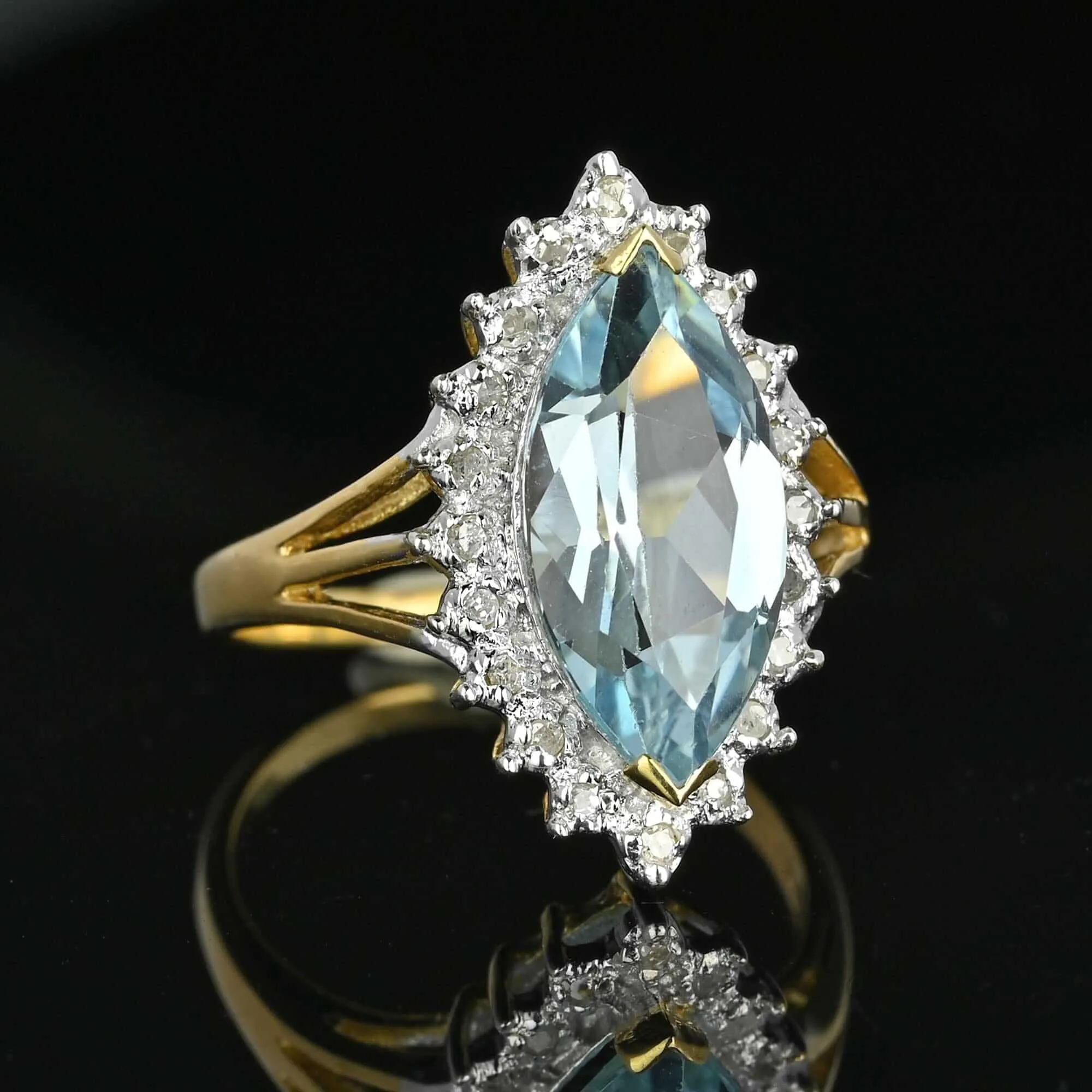 Vintage Gold Diamond Halo Marquise Blue Topaz Ring