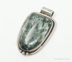 Vintage Large Green Seraphinite Sterling Silver Necklace Pendant