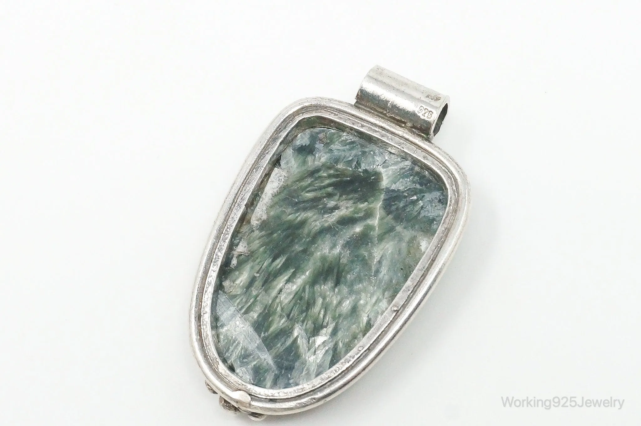 Vintage Large Green Seraphinite Sterling Silver Necklace Pendant