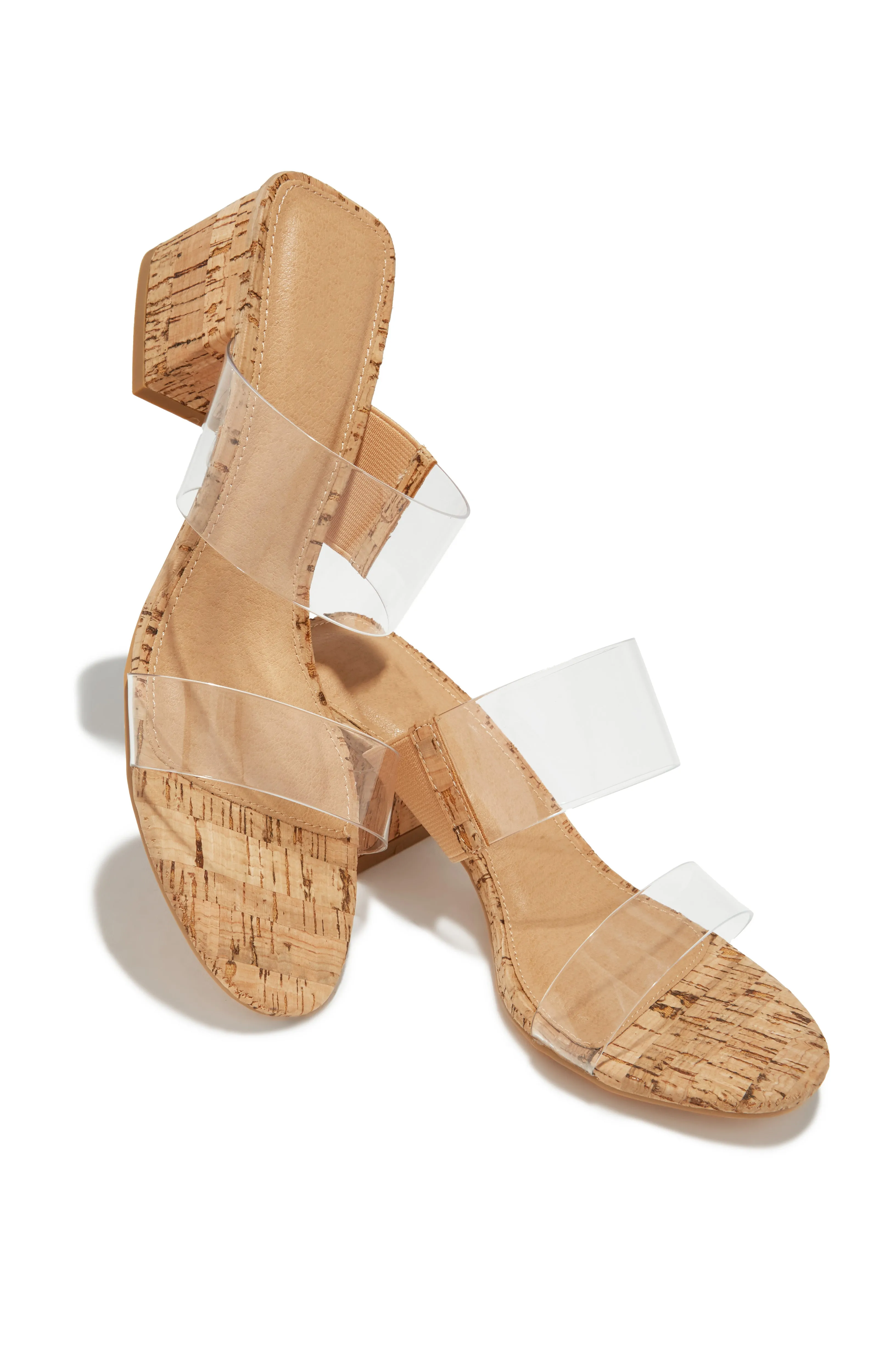 Yara Clear Strap Block Mid Heel Mules - Cork